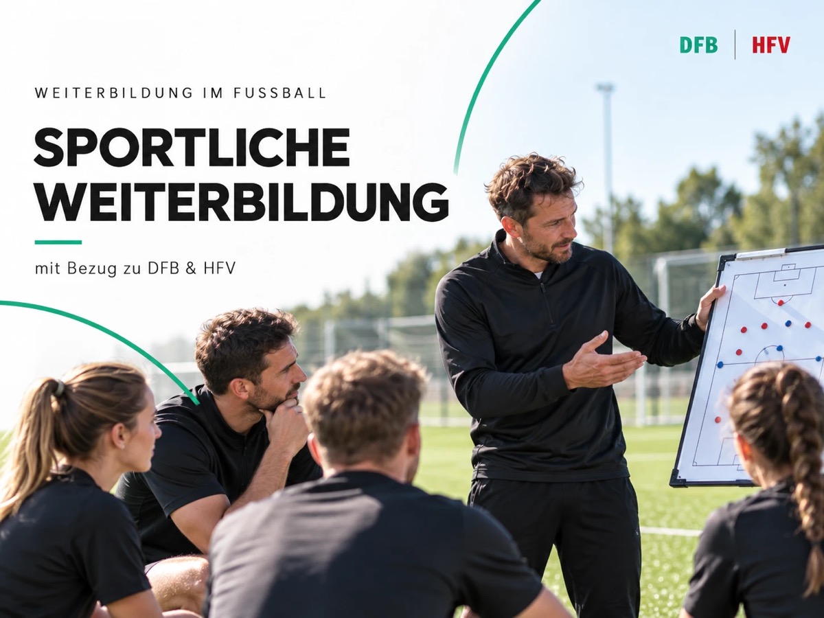 Symbolbild (KI-generiert): Ein Trainer erklärt auf dem Fußballplatz an einer Taktiktafel, mehrere Trainerinnen und Trainer hören zu. Text im Bild: „Weiterbildung im Fußball – Sportliche Weiterbildung – mit Bezug zu DFB & HFV“